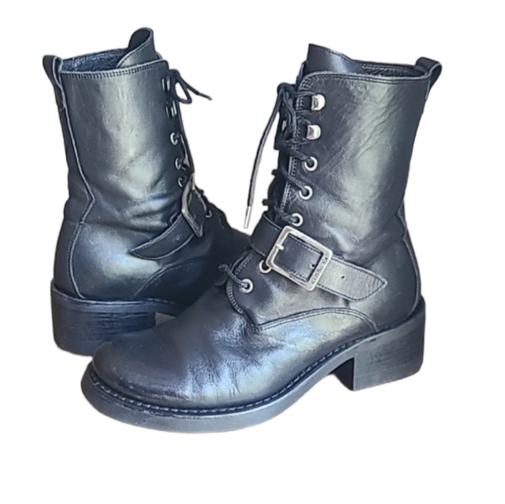Vintage Harley Davidson Black Leather Buckle Lace Up Motorcycle Boots